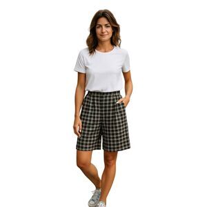 C&A Size 40 / Small Black Plaid Viscose Blend Bermuda Shorts Cuffs Pockets